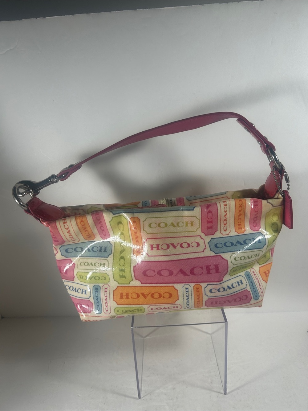 Coach Y2K scribble pastel ticket all-over print Baguette shoulder handbag.